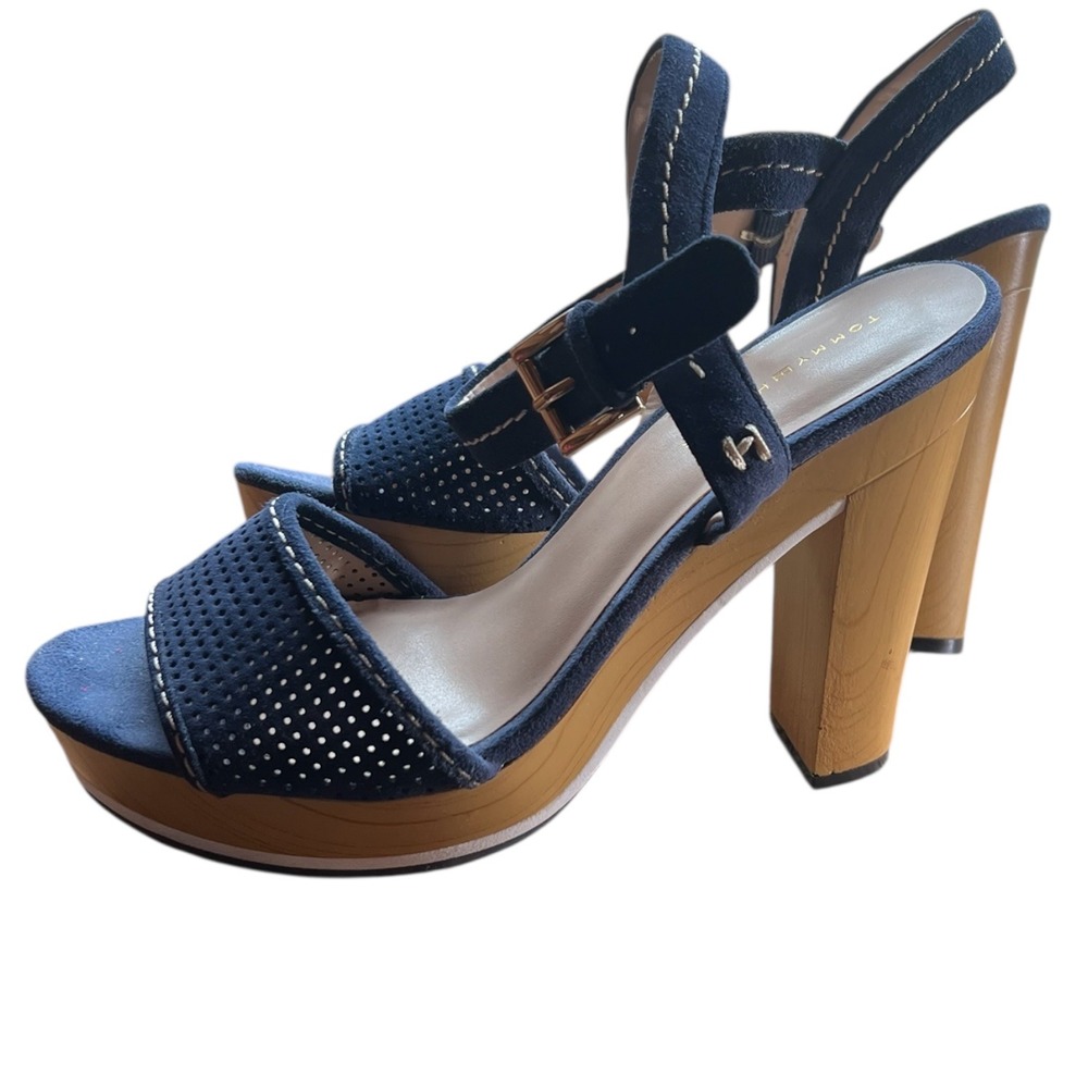 Tommy Hilfiger Weslee Blue Suede Platform Block Heel Sandals Women's 9M - Picture 3 of 5